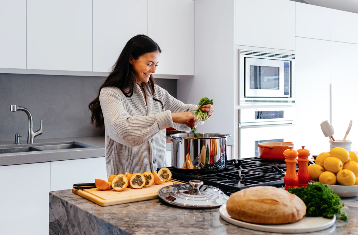 She has breakfast at home. Kitchen Cooking. Best Cook.